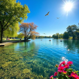 A bright and inviting environment showcasing a clear, tranquil lake surrounded by lush greenery