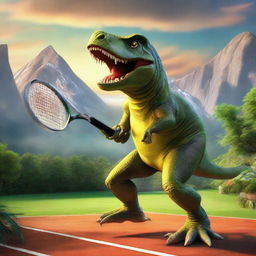 An entertaining image of a dinosaur skillfully wielding a tennis racket, engaged in a high-energy tennis match with a backdrop of prehistoric scenery.