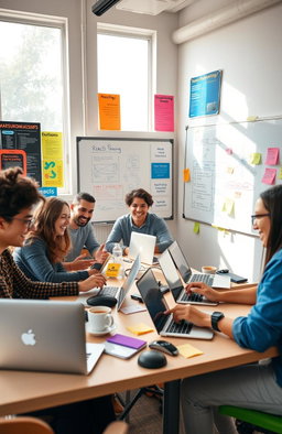 A vibrant and cheerful scene showing a group of diverse people participating in a lively ReactJS coding workshop, with laptops open and focused expressions