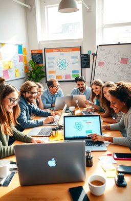 A vibrant and cheerful scene showing a group of diverse people participating in a lively ReactJS coding workshop, with laptops open and focused expressions