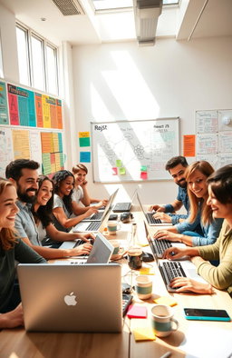 A vibrant and cheerful scene showing a group of diverse people participating in a lively ReactJS coding workshop, with laptops open and focused expressions