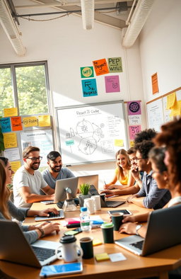 A vibrant and cheerful scene showing a group of diverse people participating in a lively ReactJS coding workshop, with laptops open and focused expressions