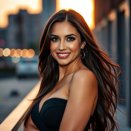 A sexy and confident 40-year-old woman with long flowing brunette hair, wearing an elegant black dress that accentuates her curves