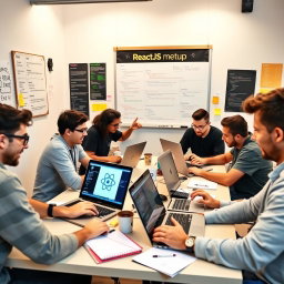 A dynamic scene depicting a group of young developers engaged in a spirited ReactJS meetup