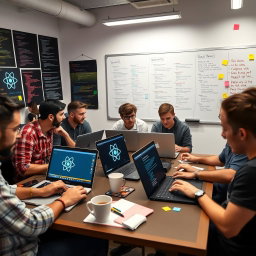 A dynamic scene depicting a group of young developers engaged in a spirited ReactJS meetup