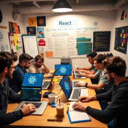 A dynamic scene depicting a group of young developers engaged in a spirited ReactJS meetup