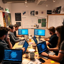A dynamic scene depicting a group of young developers engaged in a spirited ReactJS meetup