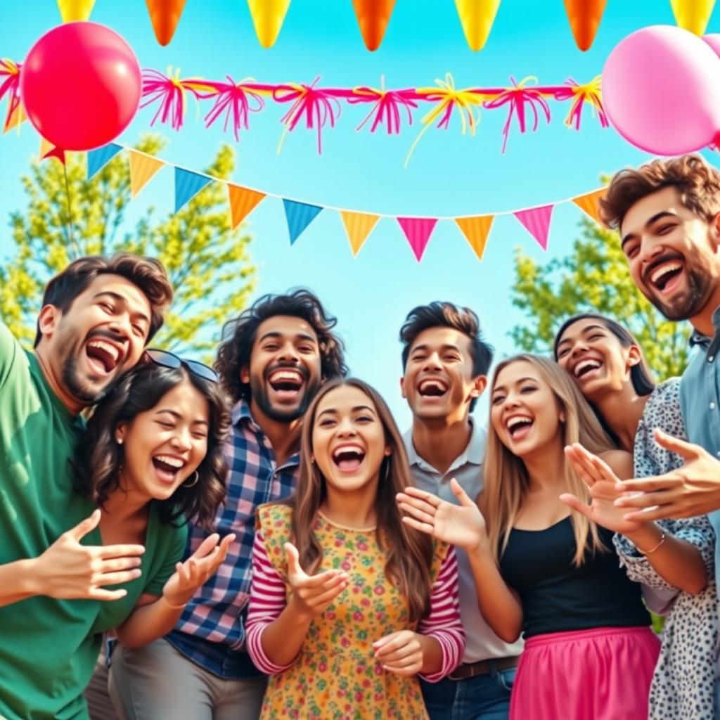 A vibrant and cheerful scene depicting a group of diverse young adults engaged in a positive reaction during a festive celebration