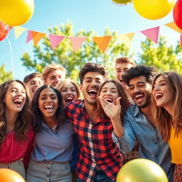 A vibrant and cheerful scene depicting a group of diverse young adults engaged in a positive reaction during a festive celebration