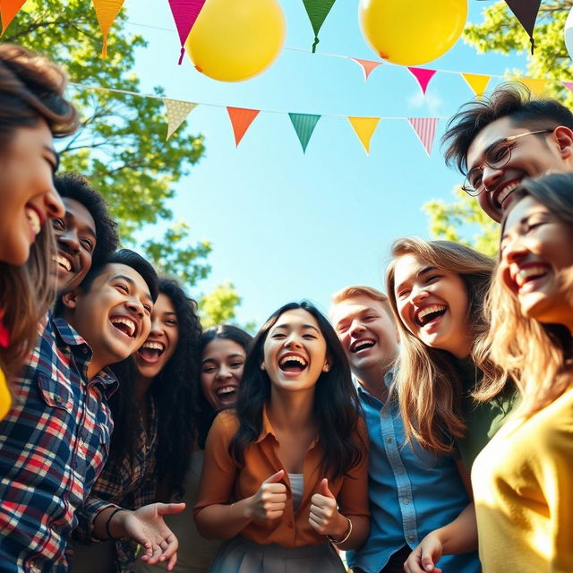 A vibrant and cheerful scene depicting a group of diverse young adults engaged in a positive reaction during a festive celebration