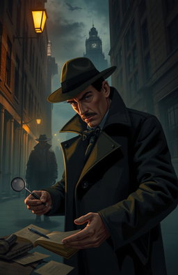 A smart detective solving crimes in a mysterious city, navigating through dark alleys and shadowy figures