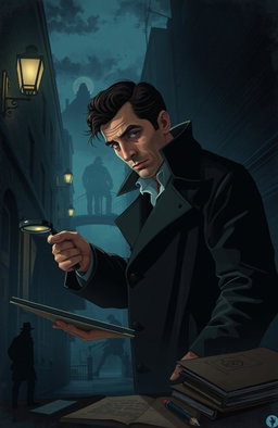 A smart detective solving crimes in a mysterious city, navigating through dark alleys and shadowy figures