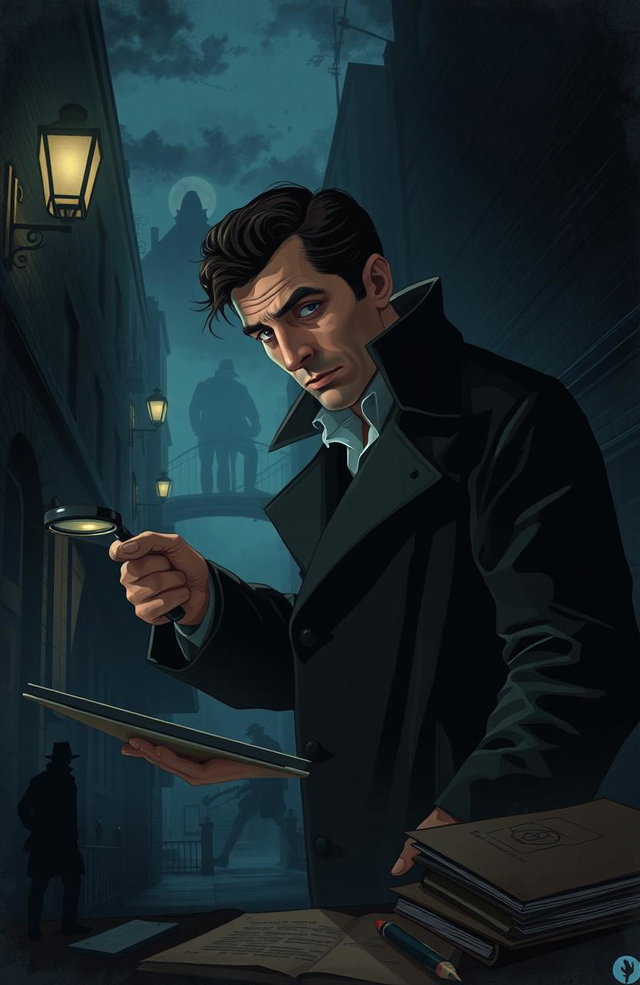 A smart detective solving crimes in a mysterious city, navigating through dark alleys and shadowy figures