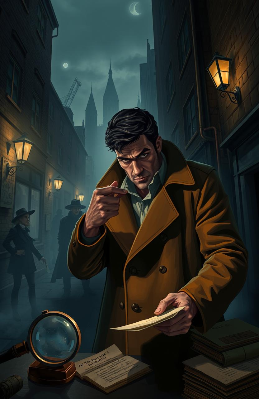 A smart detective solving crimes in a mysterious city, navigating through dark alleys and shadowy figures