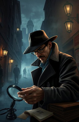 A smart detective solving crimes in a mysterious city, navigating through dark alleys and shadowy figures