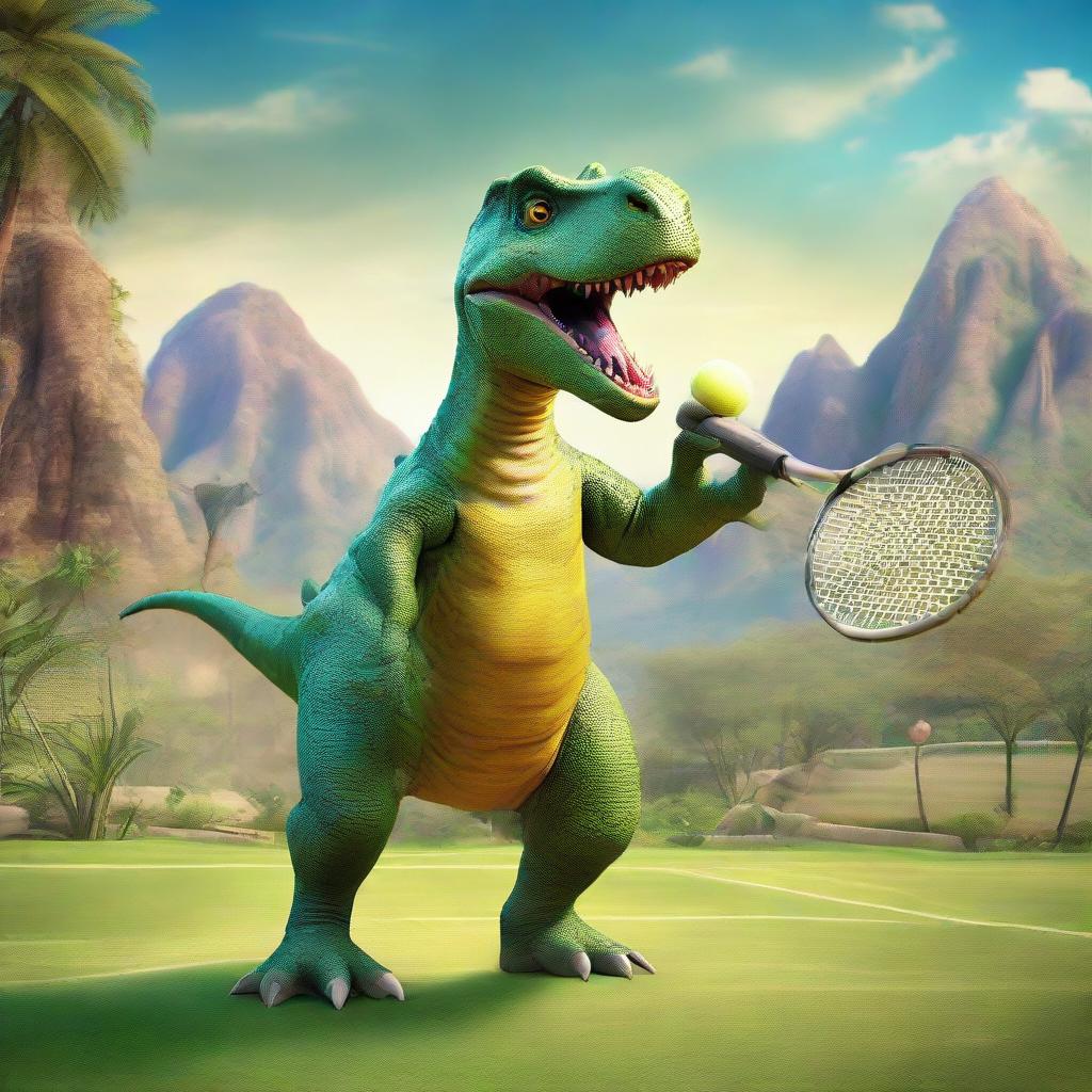 An entertaining image of a dinosaur skillfully wielding a tennis racket, engaged in a high-energy tennis match with a backdrop of prehistoric scenery.