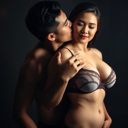 A 37-year-old Indonesian man with pure white skin, embracing a stunning 28-year-old woman with a sturdy and sexy body from behind in a loving manner