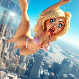 A sexy blonde 3D toon woman with striking blue eyes and vibrant red lips, wearing a tiny bikini that appears to be slipping off as she falls from a stunning skyscraper