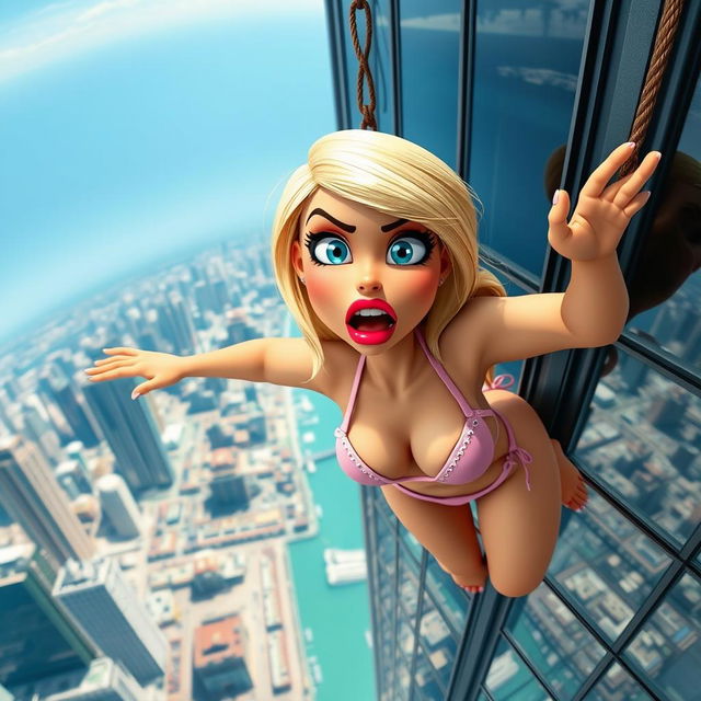 A sexy blonde 3D toon woman with striking blue eyes and vibrant red lips, wearing a tiny bikini that appears to be slipping off as she falls from a stunning skyscraper