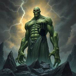 A menacing hill giant cursed by a dark enchantment, towering over a rocky landscape with a sinister black hand pattern etched across its greenish skin