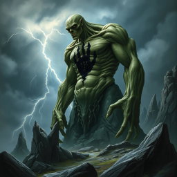 A menacing hill giant cursed by a dark enchantment, towering over a rocky landscape with a sinister black hand pattern etched across its greenish skin