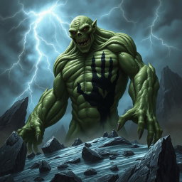 A menacing hill giant cursed by a dark enchantment, towering over a rocky landscape with a sinister black hand pattern etched across its greenish skin