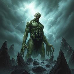 A menacing hill giant cursed by a dark enchantment, towering over a rocky landscape with a sinister black hand pattern etched across its greenish skin