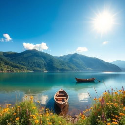 A serene landscape featuring a tranquil lake surrounded by lush green mountains under a clear blue sky
