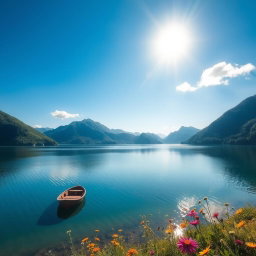 A serene landscape featuring a tranquil lake surrounded by lush green mountains under a clear blue sky