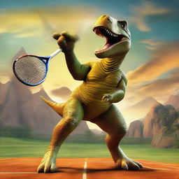 An entertaining image of a dinosaur skillfully wielding a tennis racket, engaged in a high-energy tennis match with a backdrop of prehistoric scenery.