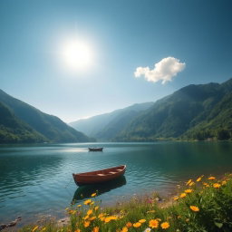 A serene landscape featuring a tranquil lake surrounded by lush green mountains under a clear blue sky