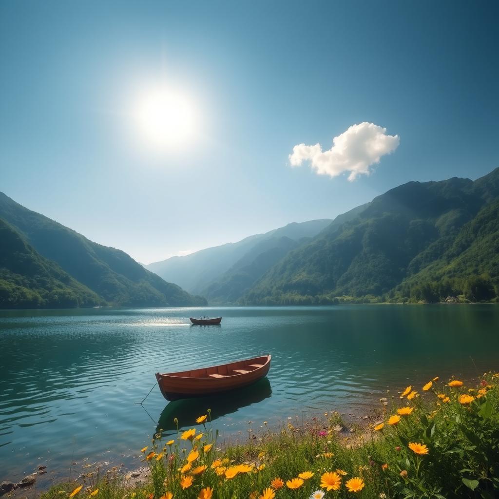 A serene landscape featuring a tranquil lake surrounded by lush green mountains under a clear blue sky
