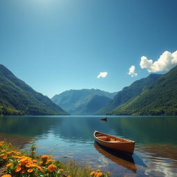 A serene landscape featuring a tranquil lake surrounded by lush green mountains under a clear blue sky