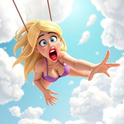 A sexy blonde 3D toon woman with striking blue eyes and vibrant red lips, wearing a tiny bikini, is depicted falling from the sky