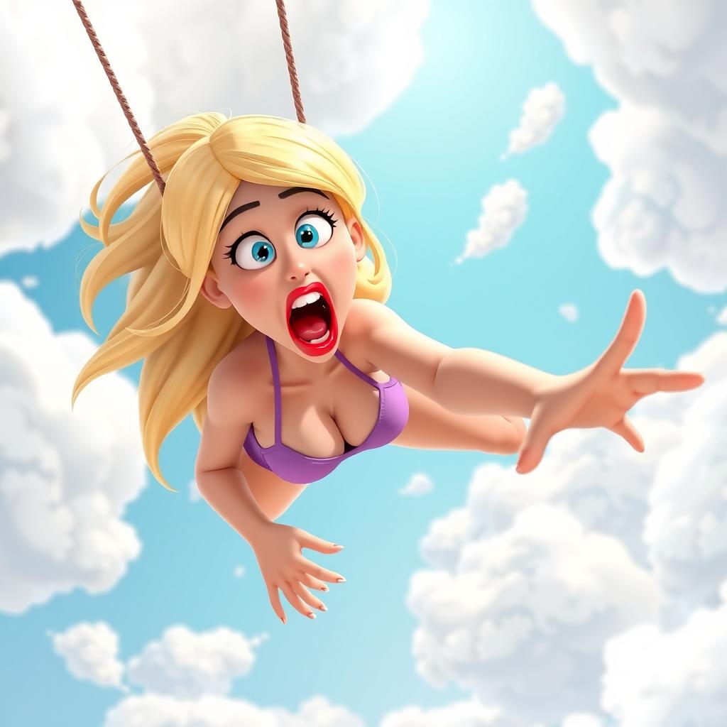 A sexy blonde 3D toon woman with striking blue eyes and vibrant red lips, wearing a tiny bikini, is depicted falling from the sky