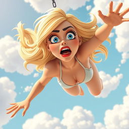 A sexy blonde 3D toon woman with striking blue eyes and vibrant red lips, wearing a tiny bikini, is depicted falling from the sky