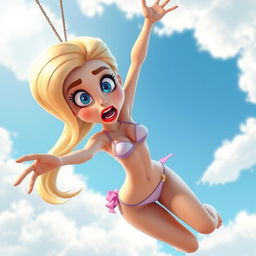 A sexy blonde 3D toon woman with striking blue eyes and vibrant red lips, wearing a tiny bikini, dramatically falling from the sky