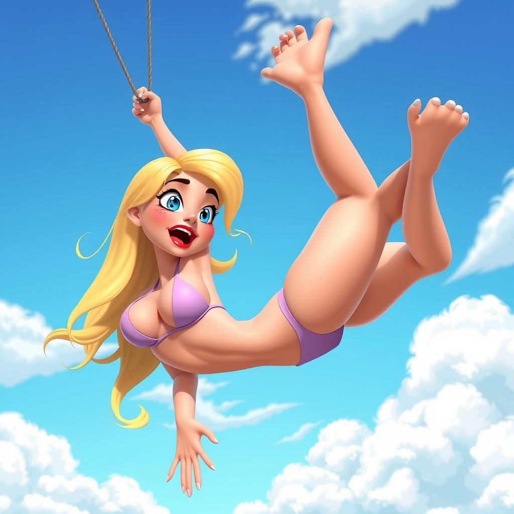 A sexy blonde 3D toon woman with striking blue eyes and vibrant red lips, wearing a tiny bikini, dramatically falling from the sky