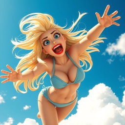 A sexy blonde 3D toon woman with striking blue eyes and vibrant red lips, depicted in a tiny bikini, is comically falling from the sky