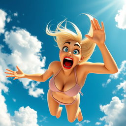A sexy blonde 3D toon woman with striking blue eyes and vibrant red lips, depicted in a tiny bikini, is comically falling from the sky