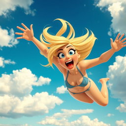 A sexy blonde 3D toon woman with striking blue eyes and vibrant red lips, depicted in a tiny bikini, is comically falling from the sky
