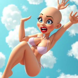 A sexy bald 3D toon woman with captivating blue eyes and striking red lips, wearing a tiny bikini
