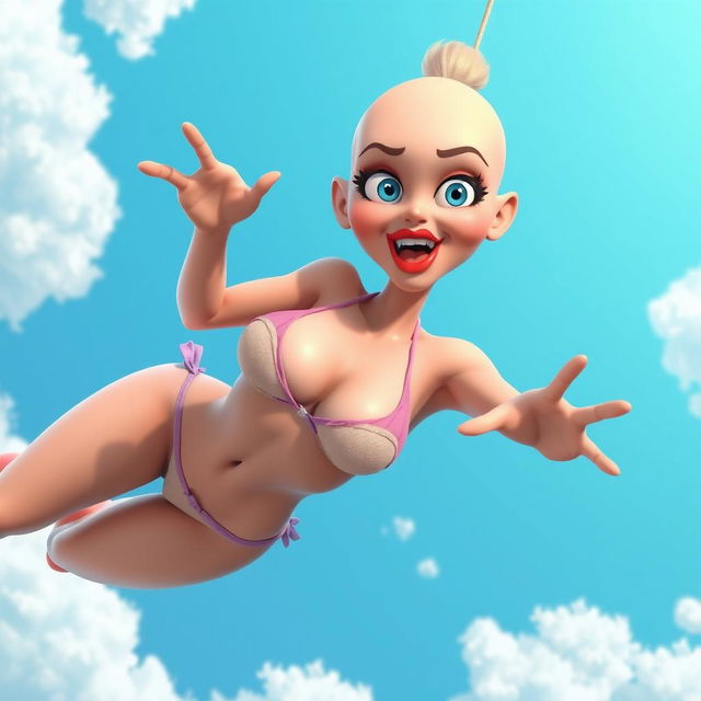 A sexy bald 3D toon woman with captivating blue eyes and striking red lips, wearing a tiny bikini