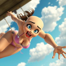 A sexy bald 3D toon woman with captivating blue eyes and striking red lips, wearing a tiny bikini
