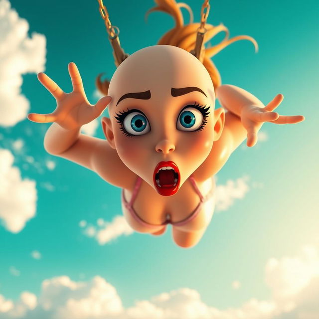 A sexy bald 3D toon woman with striking blue eyes and red lips, wearing a tiny bikini, plummeting through a bright sky