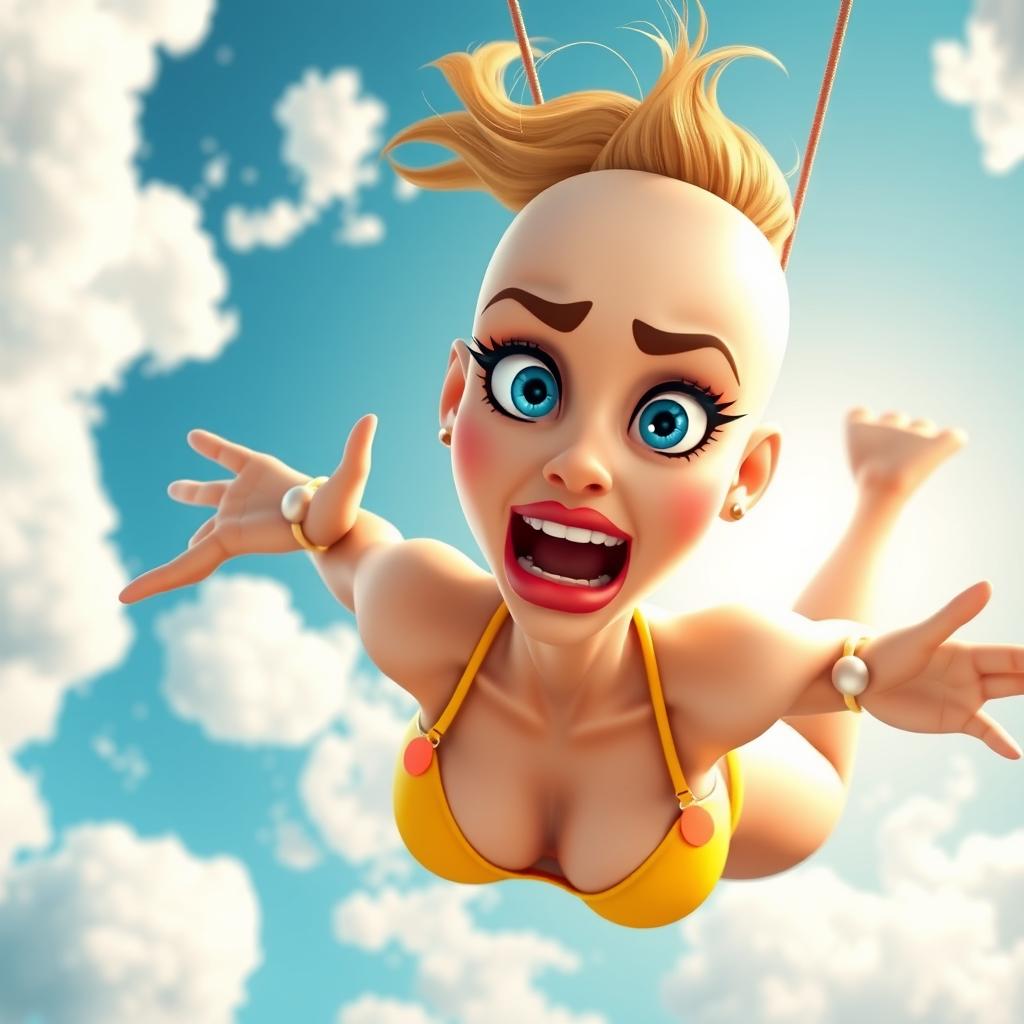 A sexy bald 3D toon woman with striking blue eyes and red lips, wearing a tiny bikini, plummeting through a bright sky