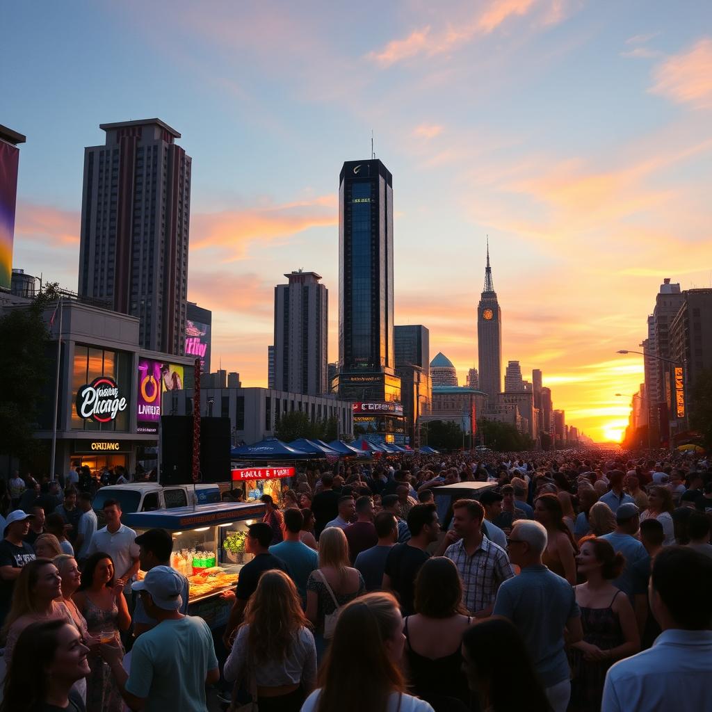 A vibrant, lively street scene in a bustling city during sunset
