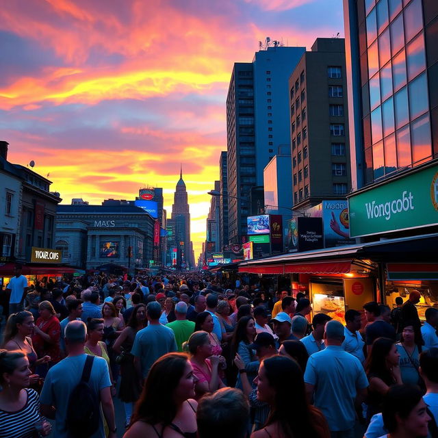 A vibrant, lively street scene in a bustling city during sunset