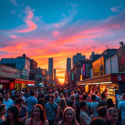 A vibrant, lively street scene in a bustling city during sunset
