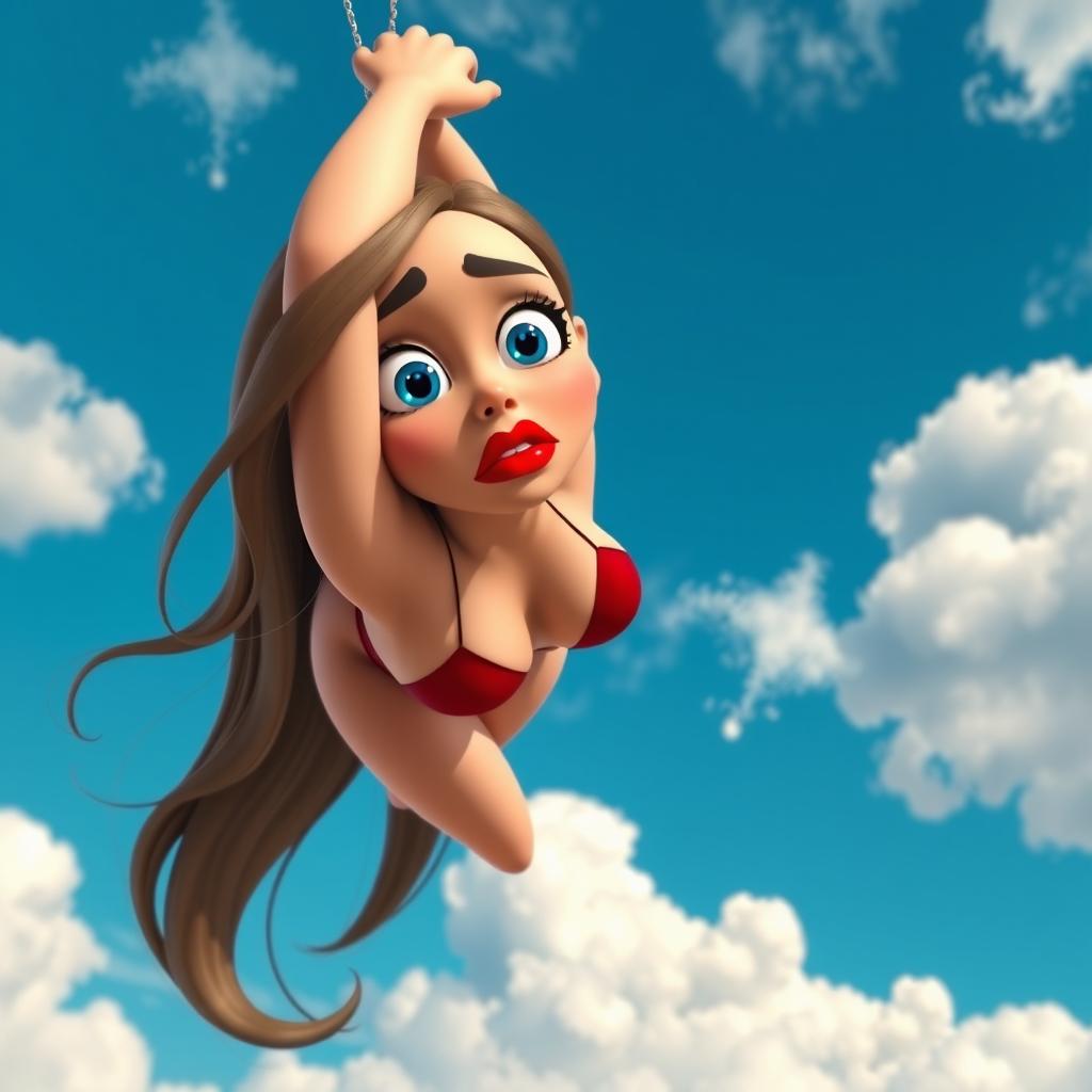 A sexy, stylized 3D toon woman with striking blue eyes and vibrant red lips, dramatically falling from the sky with a worried expression on her face